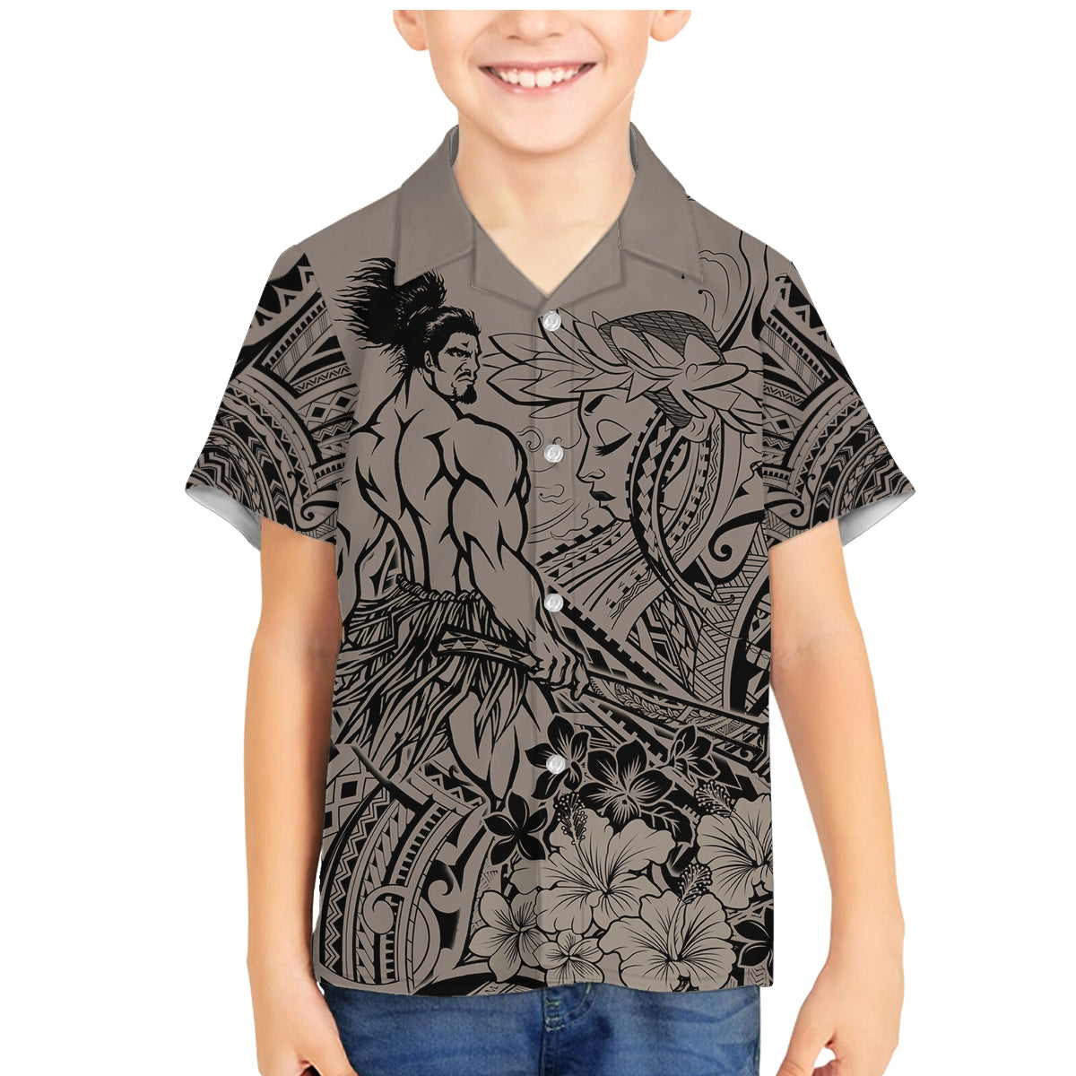 Beauty and The Warrior Polynesian Valentine Family Matching Mermaid Dress and Hawaiian Shirt Hibiscus FLowers Brown Style LT9 Son's Shirt Brown - Polynesian Pride