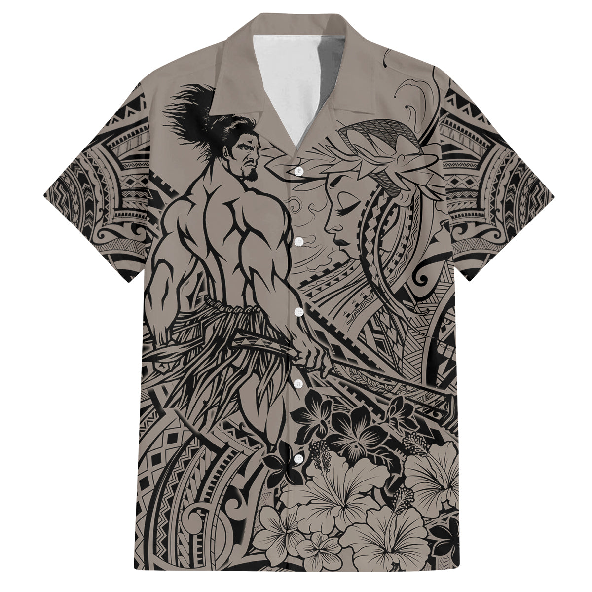 Beauty and The Warrior Polynesian Valentine Family Matching Off Shoulder Maxi Dress and Hawaiian Shirt Hibiscus FLowers Brown Style LT9 Dad's Shirt - Short Sleeve Brown - Polynesian Pride