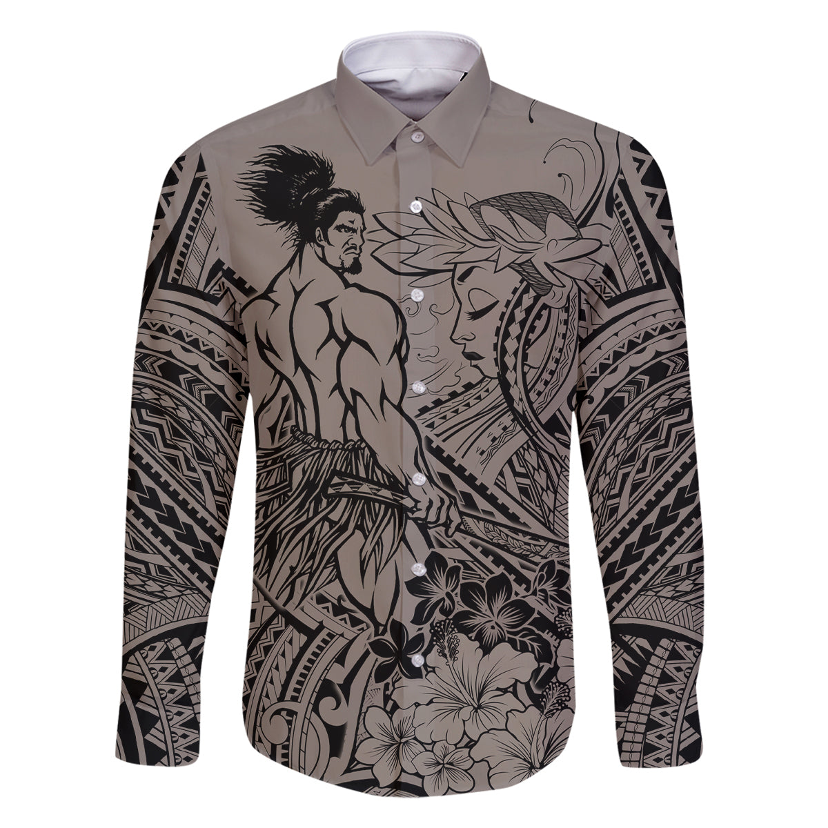 Beauty and The Warrior Polynesian Valentine Family Matching Off Shoulder Short Dress and Hawaiian Shirt Hibiscus FLowers Brown Style LT9 Dad's Shirt - Long Sleeve Brown - Polynesian Pride