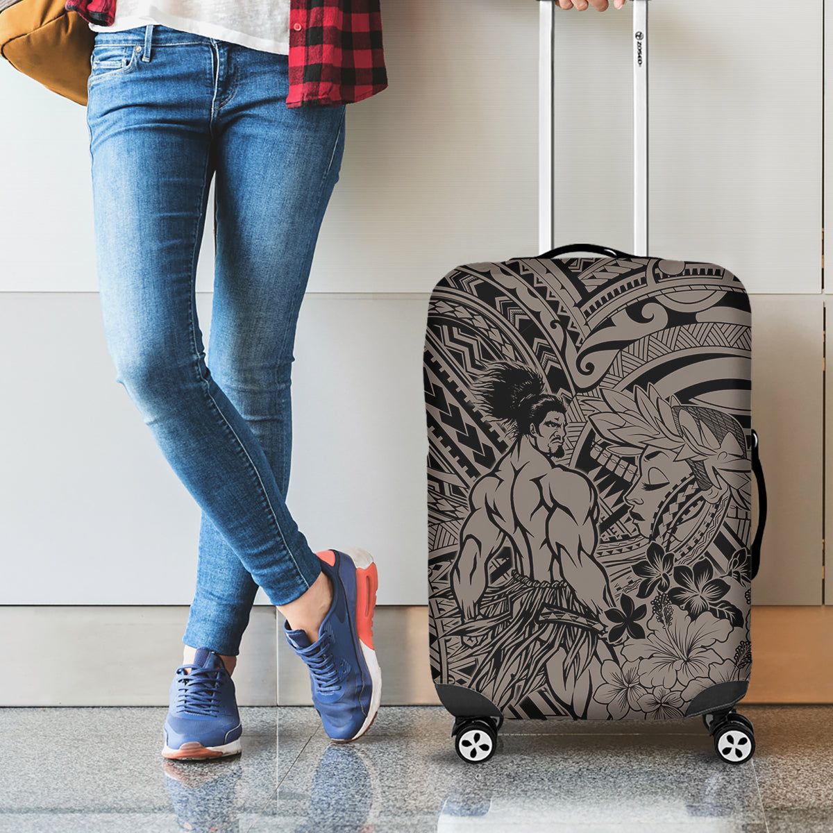 Beauty and The Warrior Polynesian Valentine Luggage Cover Hibiscus FLowers Brown Style LT9 - Polynesian Pride