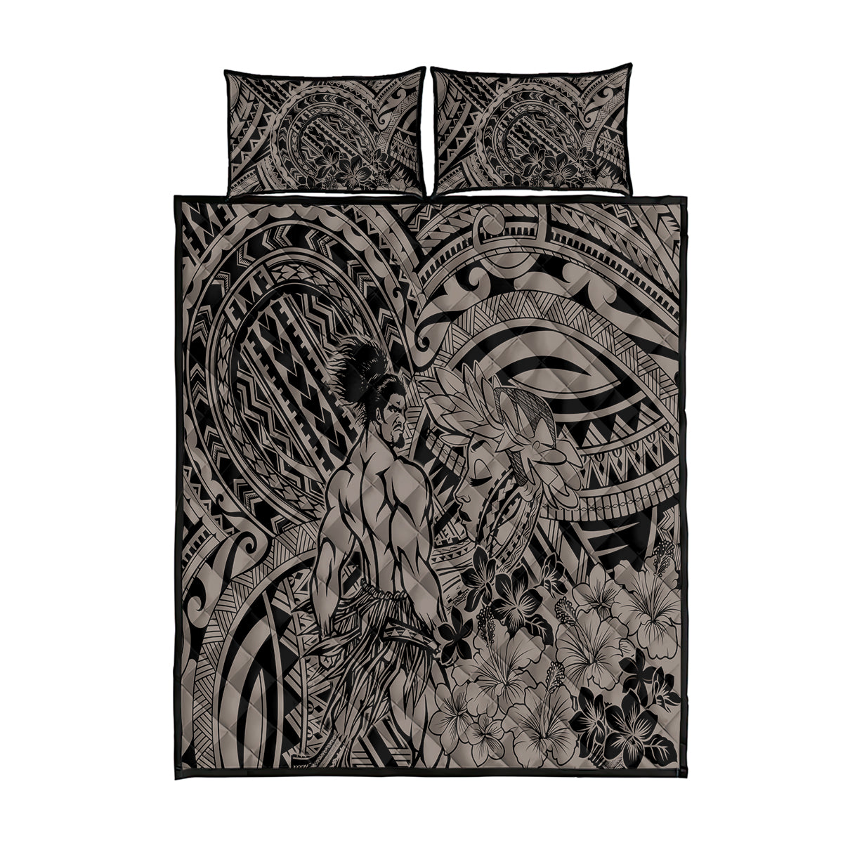 Beauty and The Warrior Polynesian Valentine Quilt Bed Set Hibiscus FLowers Brown Style LT9 Brown - Polynesian Pride