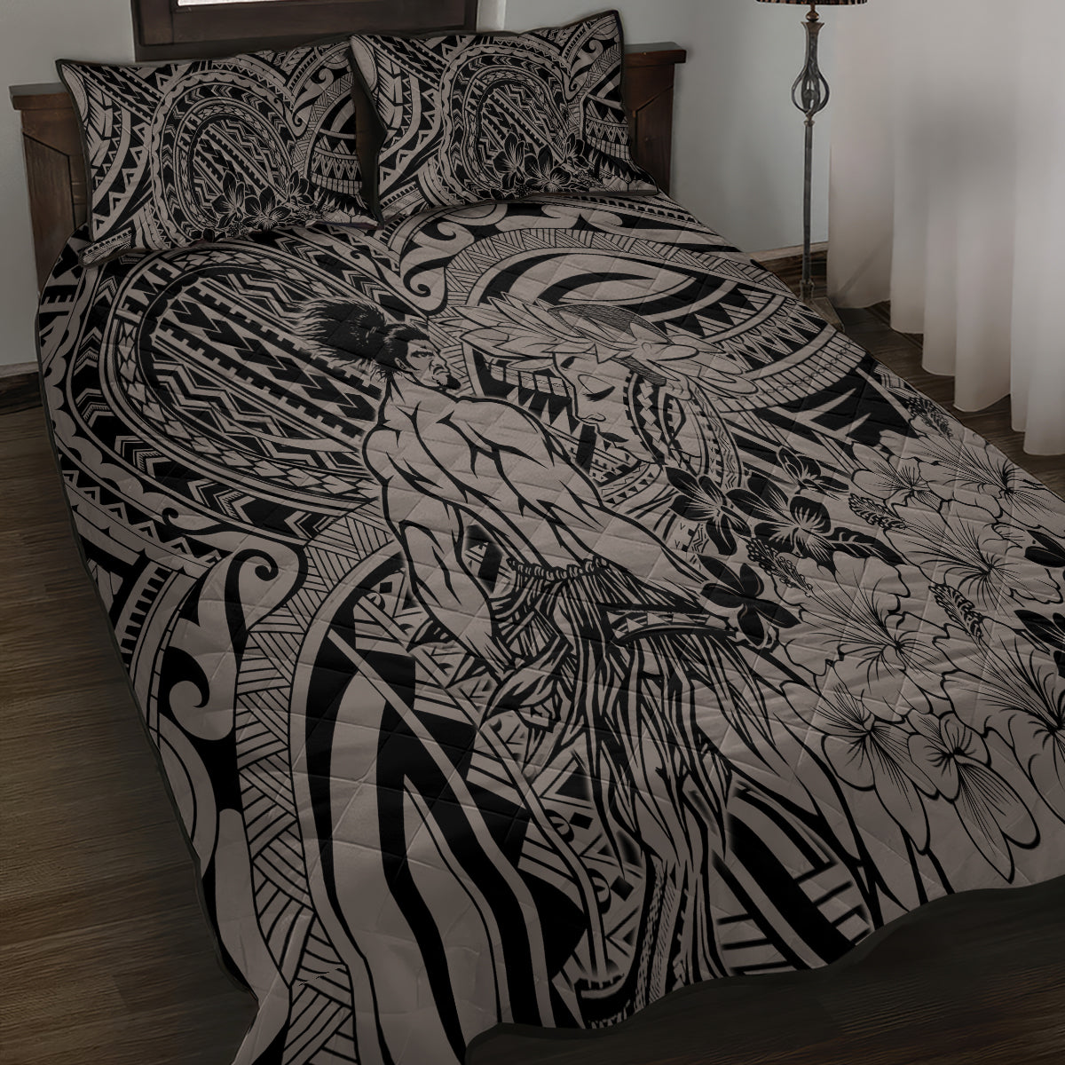 Beauty and The Warrior Polynesian Valentine Quilt Bed Set Hibiscus FLowers Brown Style LT9 - Polynesian Pride