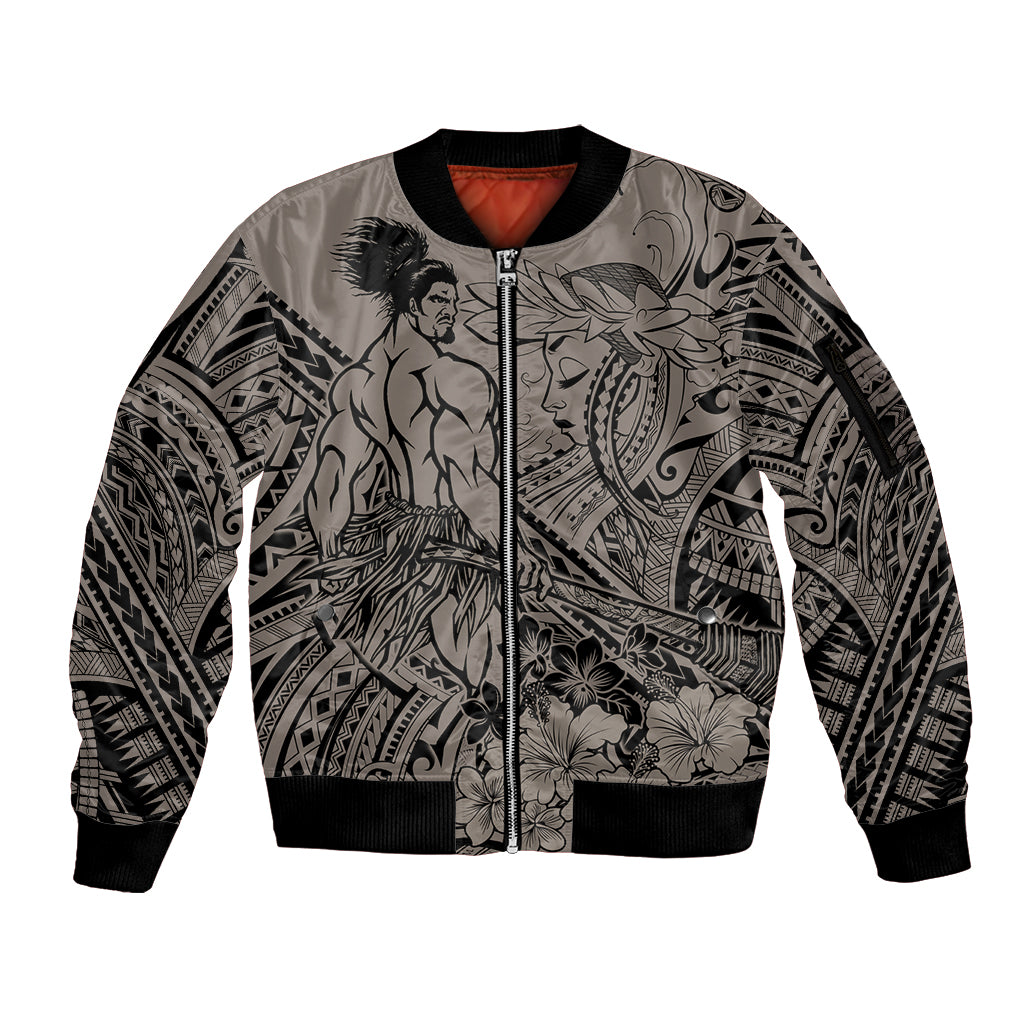 Beauty and The Warrior Polynesian Valentine Sleeve Zip Bomber Jacket Hibiscus FLowers Brown Style LT9 Unisex Brown - Polynesian Pride