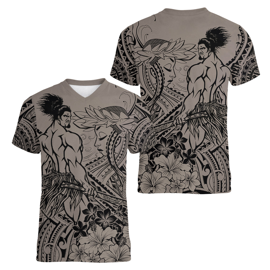 Beauty and The Warrior Polynesian Valentine Women V Neck T Shirt Hibiscus FLowers Brown Style LT9 - Polynesian Pride
