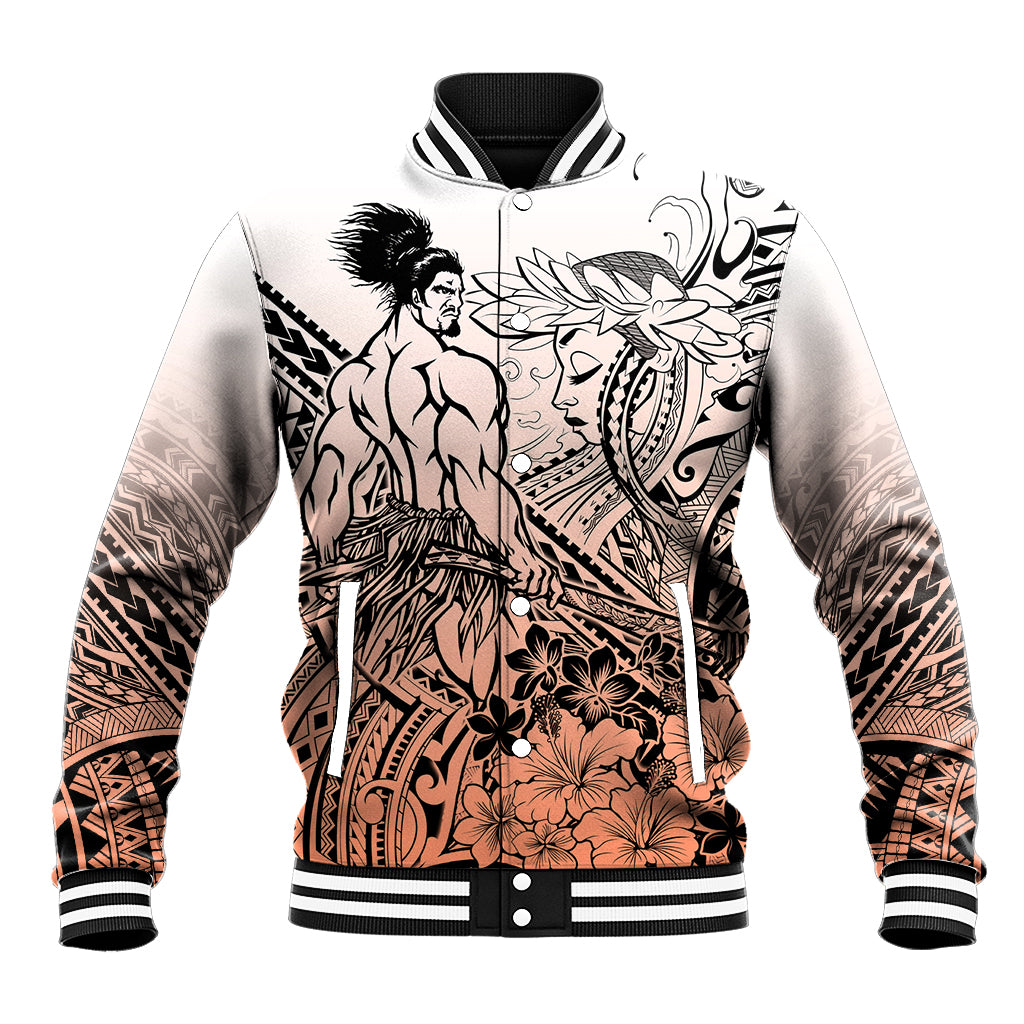 Beauty and The Warrior Polynesian Valentine Baseball Jacket Hibiscus FLowers Orange Style LT9 Unisex Orange - Polynesian Pride