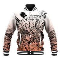 Beauty and The Warrior Polynesian Valentine Baseball Jacket Hibiscus FLowers Orange Style LT9 Unisex Orange - Polynesian Pride