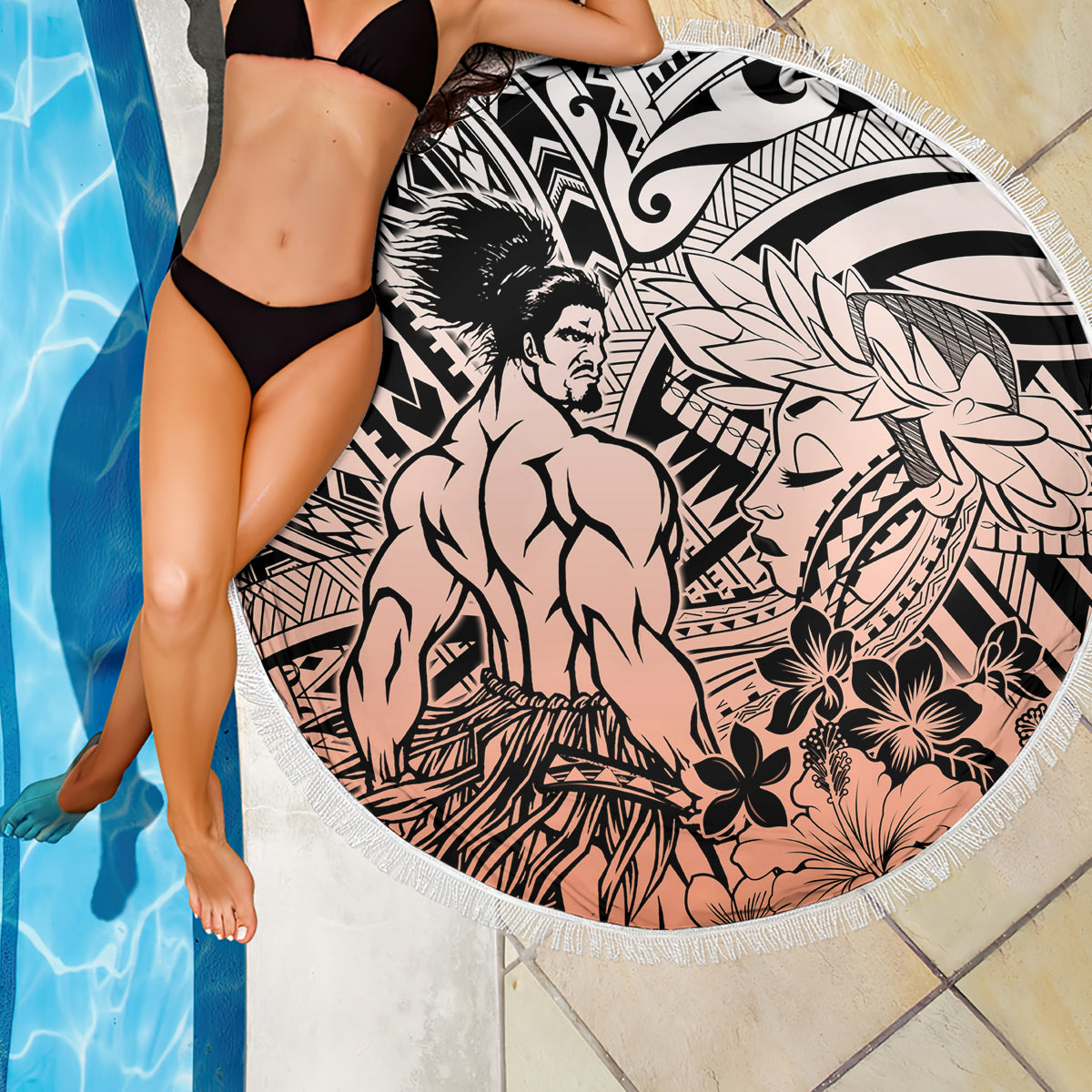 Beauty and The Warrior Polynesian Valentine Beach Blanket Hibiscus FLowers Orange Style LT9 - Polynesian Pride
