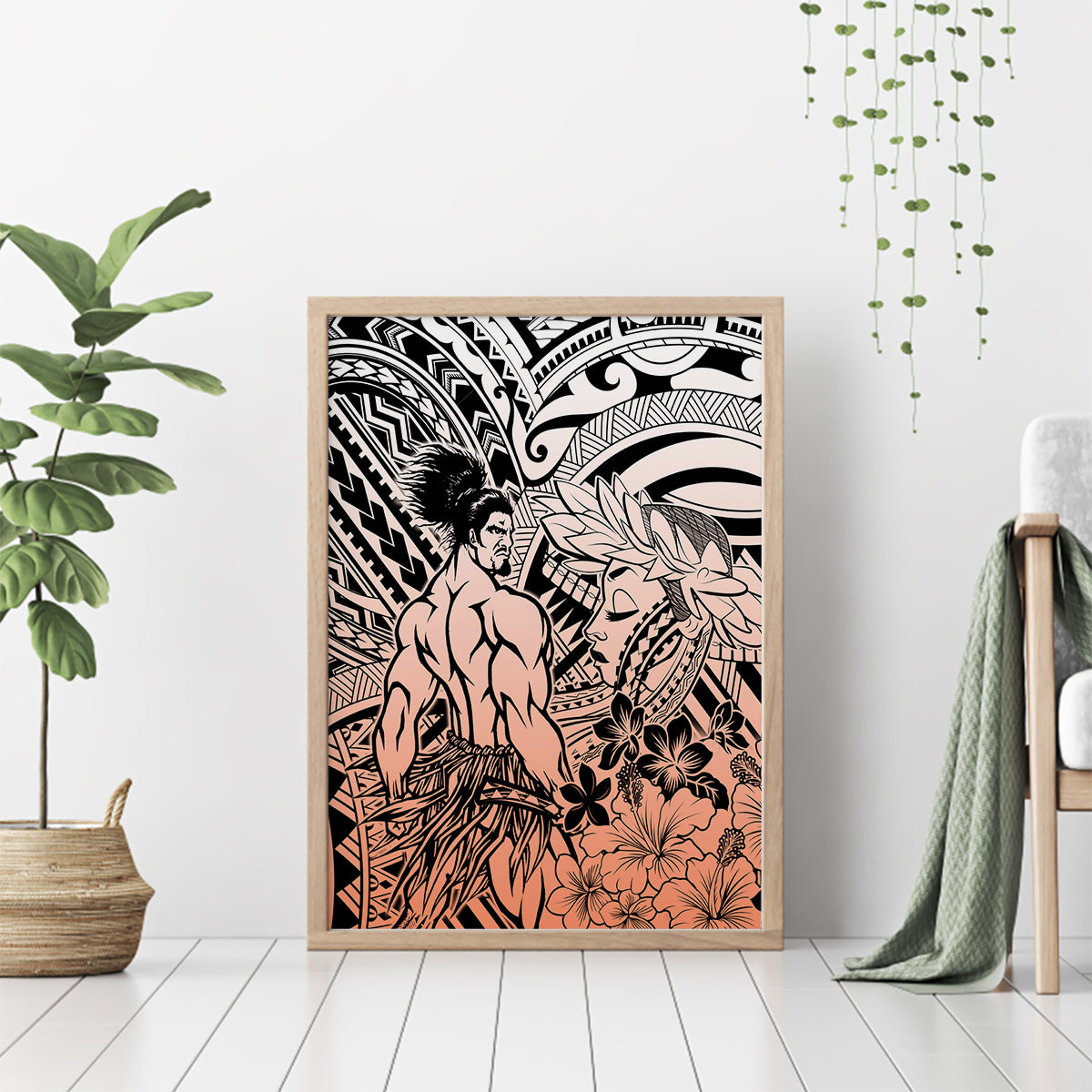 Beauty and The Warrior Polynesian Valentine Canvas Wall Art Hibiscus FLowers Orange Style LT9 - Polynesian Pride