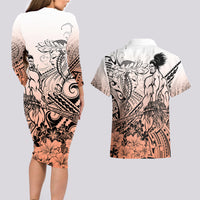 Beauty and The Warrior Polynesian Valentine Couples Matching Long Sleeve Bodycon Dress and Hawaiian Shirt Hibiscus FLowers Orange Style LT9 - Polynesian Pride