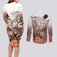 Beauty and The Warrior Polynesian Valentine Couples Matching Long Sleeve Bodycon Dress and Long Sleeve Button Shirt Hibiscus FLowers Orange Style LT9 - Polynesian Pride