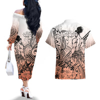 Beauty and The Warrior Polynesian Valentine Couples Matching Off The Shoulder Long Sleeve Dress and Hawaiian Shirt Hibiscus FLowers Orange Style LT9 - Polynesian Pride