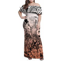 Beauty and The Warrior Polynesian Valentine Family Matching Off Shoulder Maxi Dress and Hawaiian Shirt Hibiscus FLowers Orange Style LT9 Mom's Dress Orange - Polynesian Pride