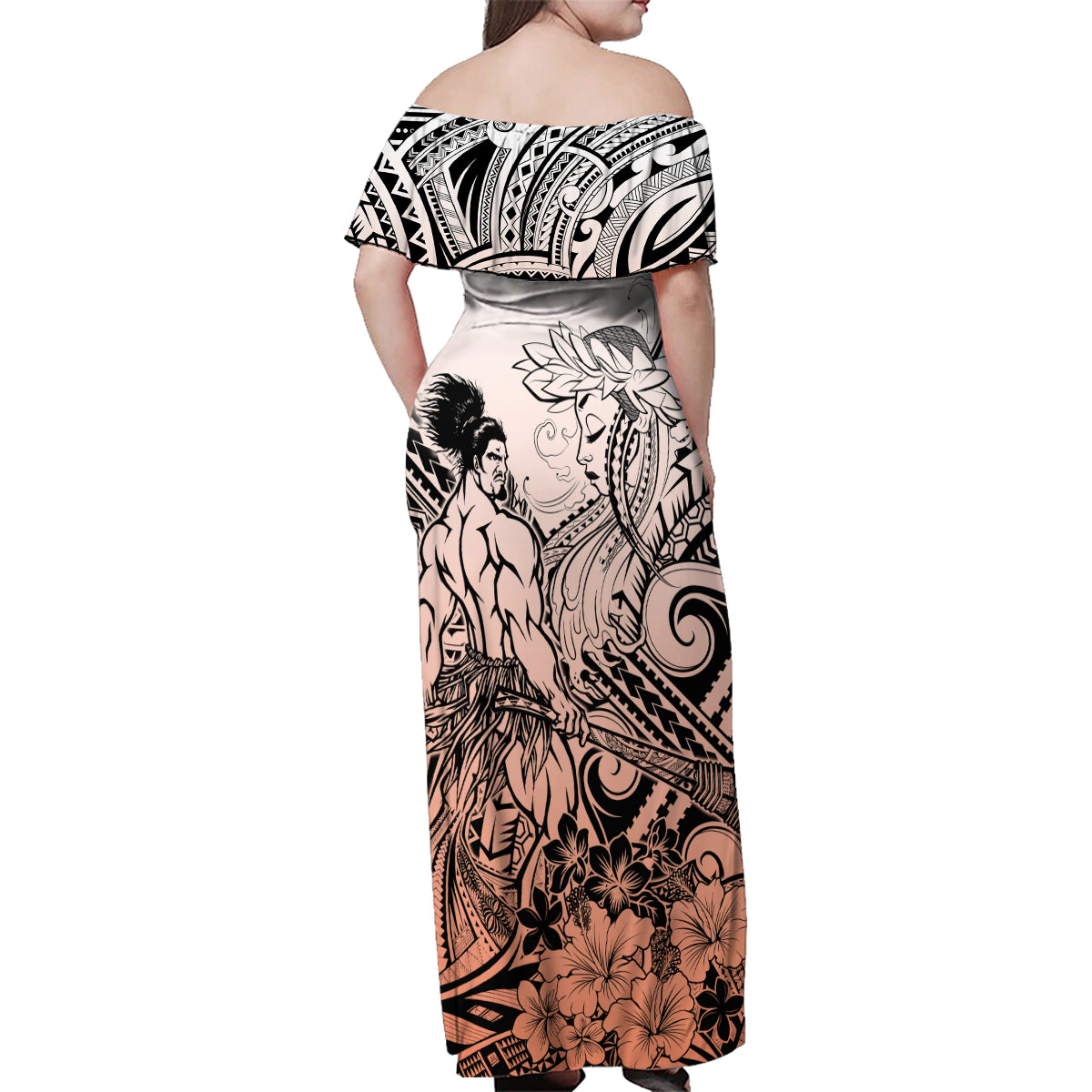 Beauty and The Warrior Polynesian Valentine Family Matching Off Shoulder Maxi Dress and Hawaiian Shirt Hibiscus FLowers Orange Style LT9 - Polynesian Pride