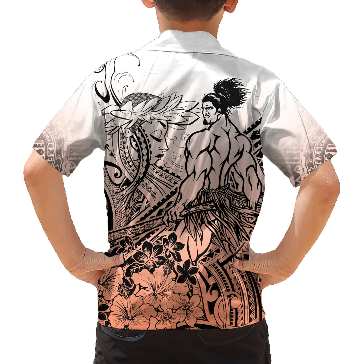 Beauty and The Warrior Polynesian Valentine Kid Hawaiian Shirt Hibiscus FLowers Orange Style LT9 - Polynesian Pride
