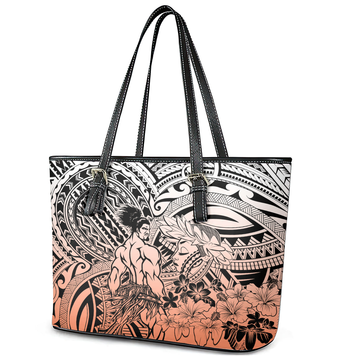 Beauty and The Warrior Polynesian Valentine Leather Tote Bag Hibiscus FLowers Orange Style LT9 - Polynesian Pride