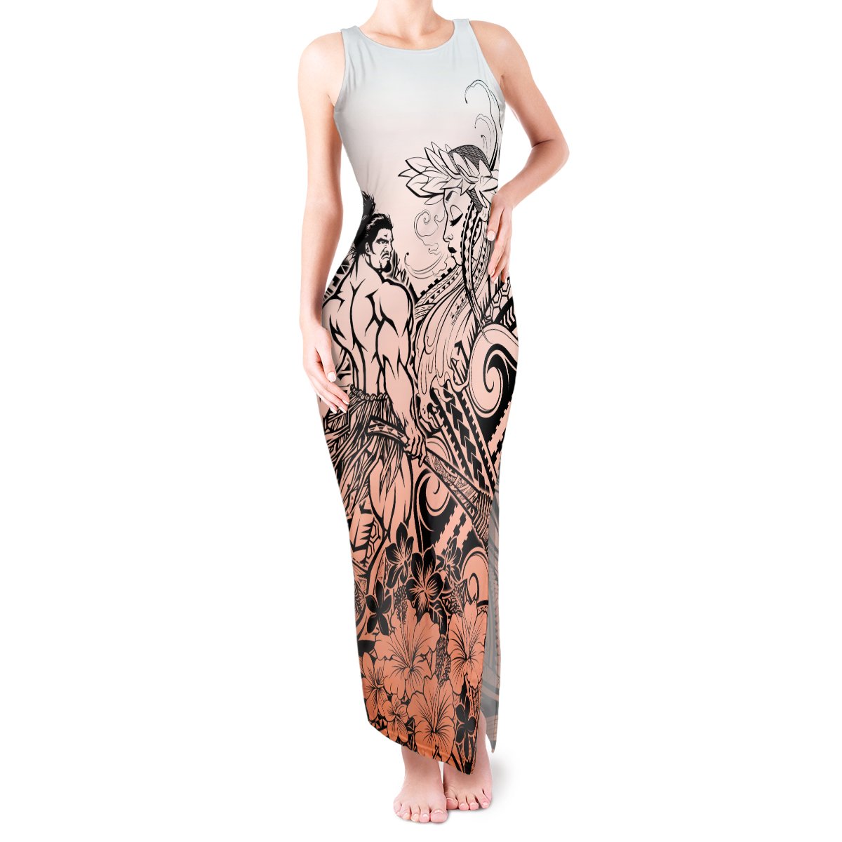 Beauty and The Warrior Polynesian Valentine Tank Maxi Dress Hibiscus FLowers Orange Style LT9 Women Orange - Polynesian Pride