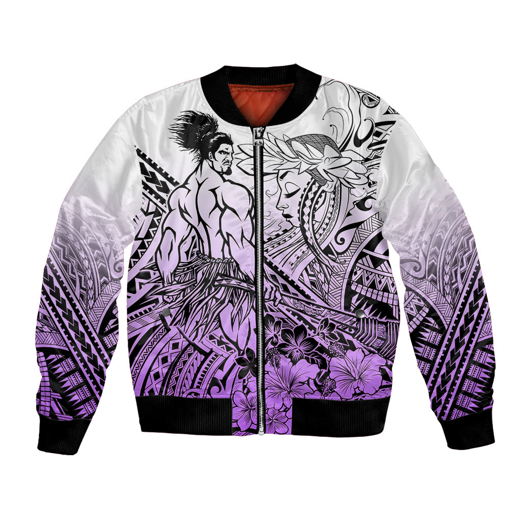 Beauty and The Warrior Polynesian Valentine Bomber Jacket Hibiscus FLowers Purple Style LT9 Unisex Purple - Polynesian Pride
