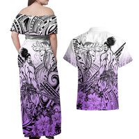 Beauty and The Warrior Polynesian Valentine Couples Matching Off Shoulder Maxi Dress and Hawaiian Shirt Hibiscus FLowers Purple Style LT9 - Polynesian Pride