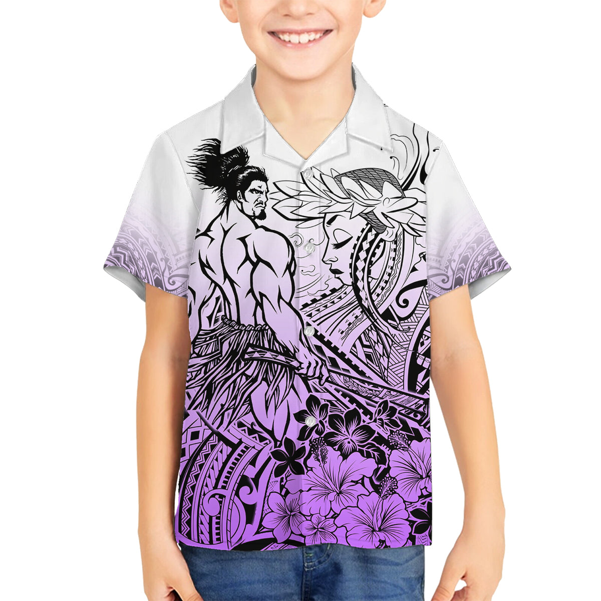 Beauty and The Warrior Polynesian Valentine Family Matching Long Sleeve Bodycon Dress and Hawaiian Shirt Hibiscus FLowers Purple Style LT9 Son's Shirt Purple - Polynesian Pride