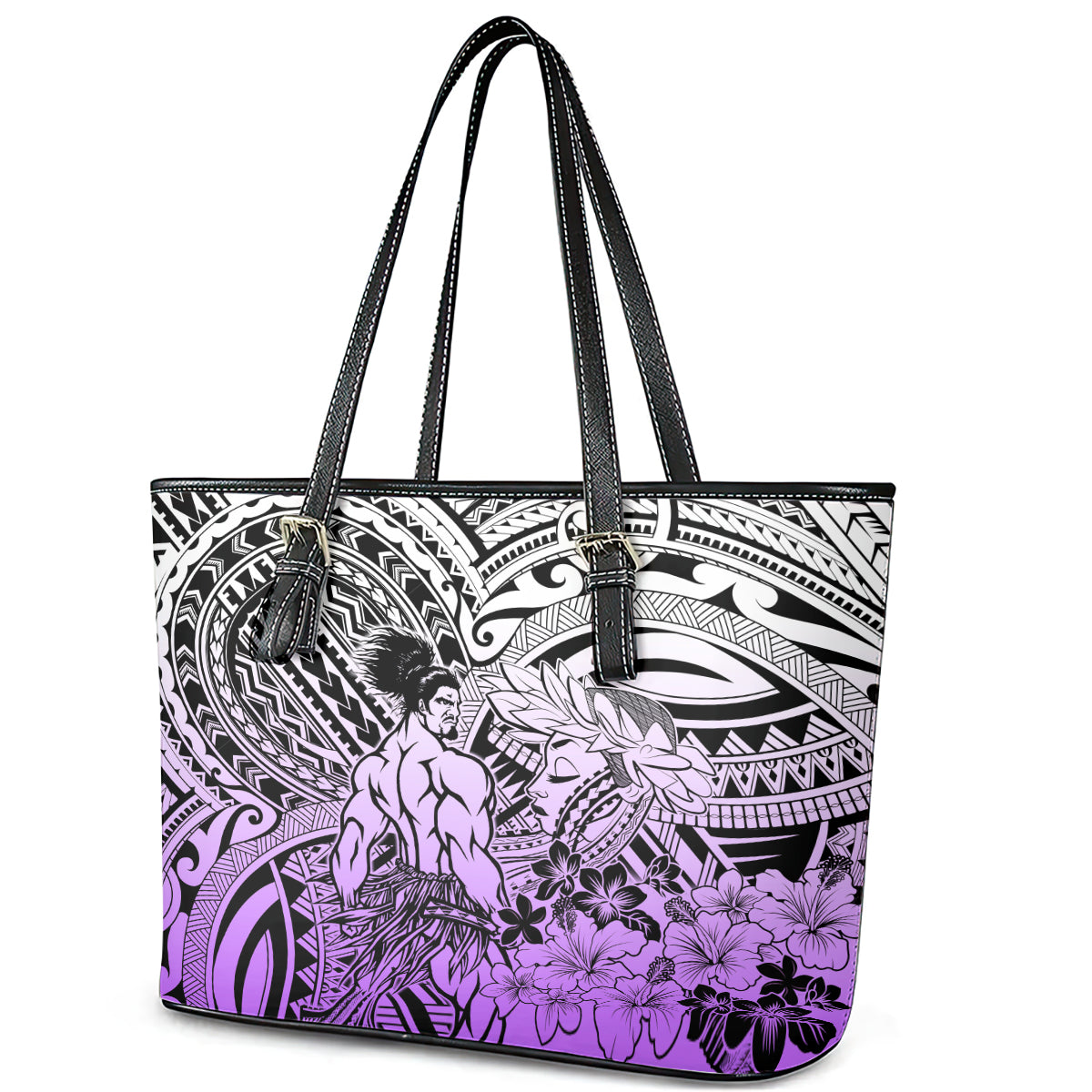 Beauty and The Warrior Polynesian Valentine Leather Tote Bag Hibiscus FLowers Purple Style LT9 - Polynesian Pride