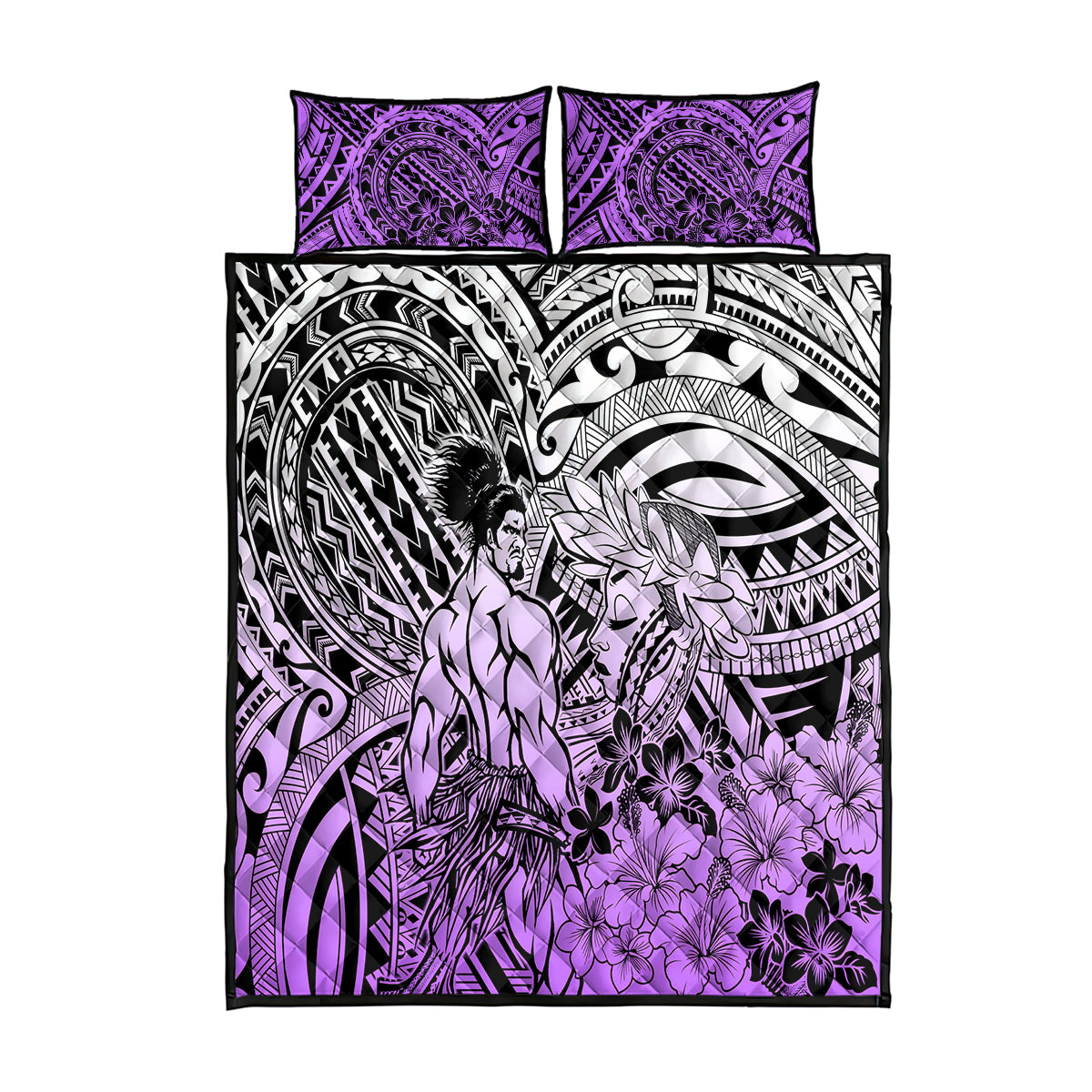 Beauty and The Warrior Polynesian Valentine Quilt Bed Set Hibiscus FLowers Purple Style LT9 Purple - Polynesian Pride