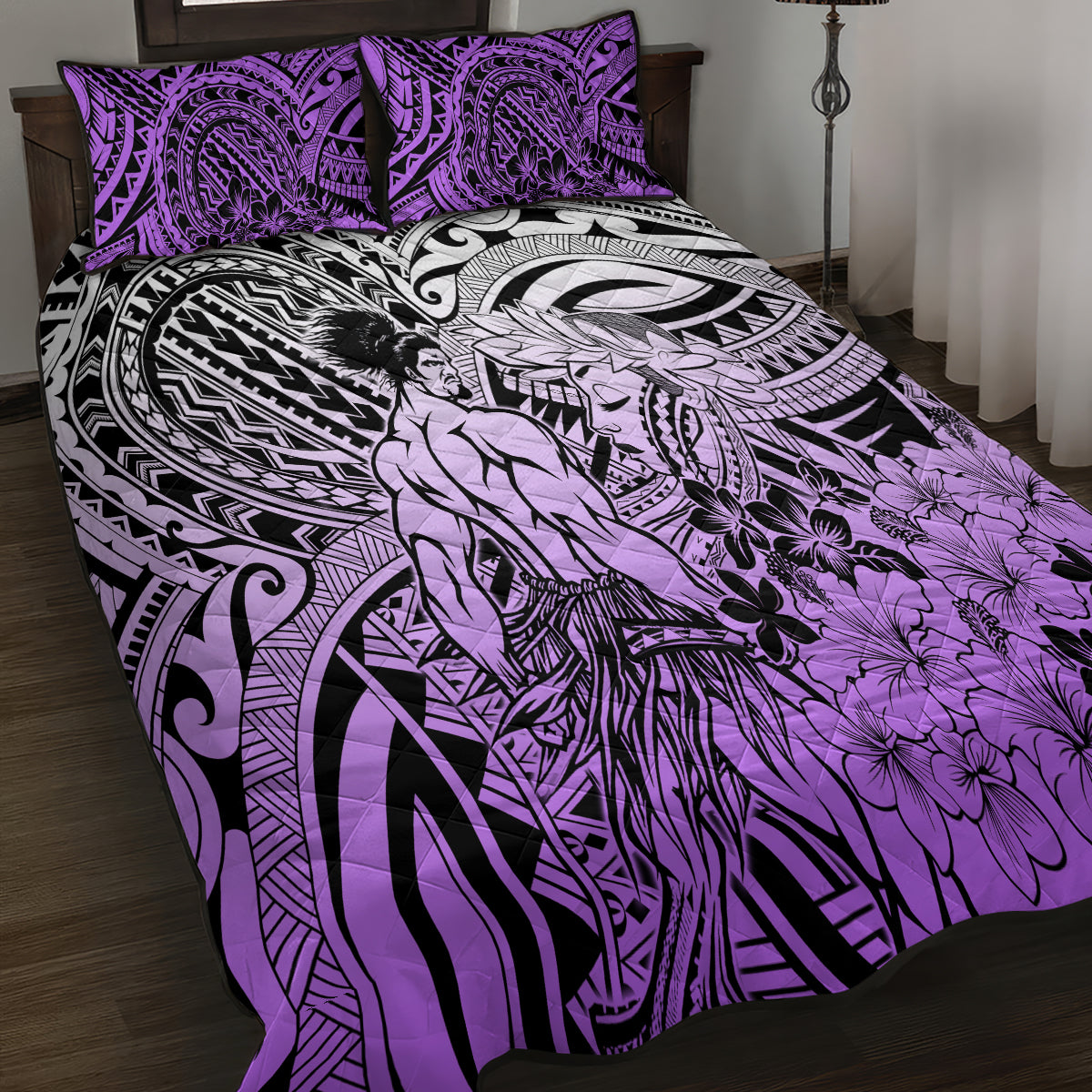Beauty and The Warrior Polynesian Valentine Quilt Bed Set Hibiscus FLowers Purple Style LT9 - Polynesian Pride