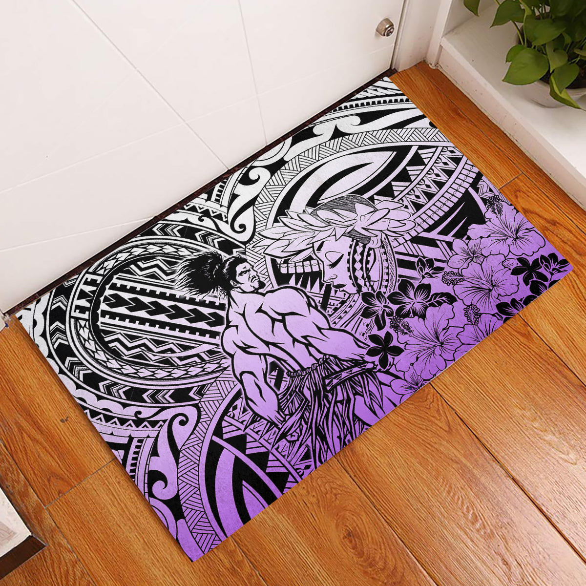 Beauty and The Warrior Polynesian Valentine Rubber Doormat Hibiscus FLowers Purple Style LT9 Purple - Polynesian Pride