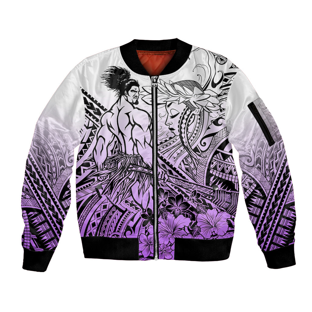 Beauty and The Warrior Polynesian Valentine Sleeve Zip Bomber Jacket Hibiscus FLowers Purple Style LT9 Unisex Purple - Polynesian Pride