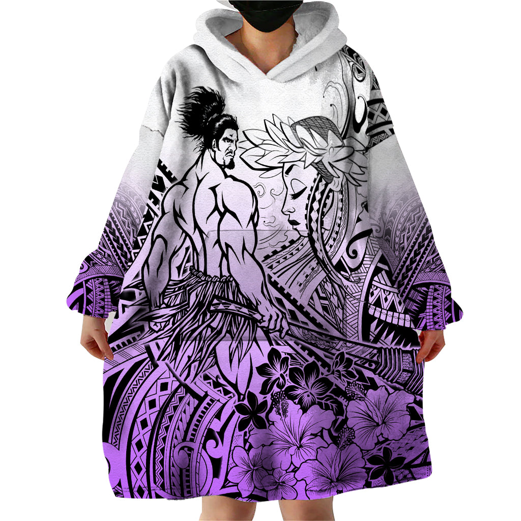 Beauty and The Warrior Polynesian Valentine Wearable Blanket Hoodie Hibiscus FLowers Purple Style LT9 - Polynesian Pride