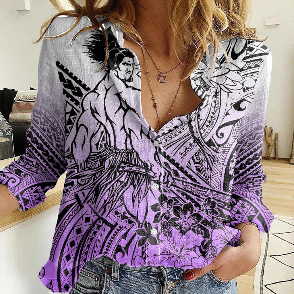 Beauty and The Warrior Polynesian Valentine Women Casual Shirt Hibiscus FLowers Purple Style LT9 Female Purple - Polynesian Pride