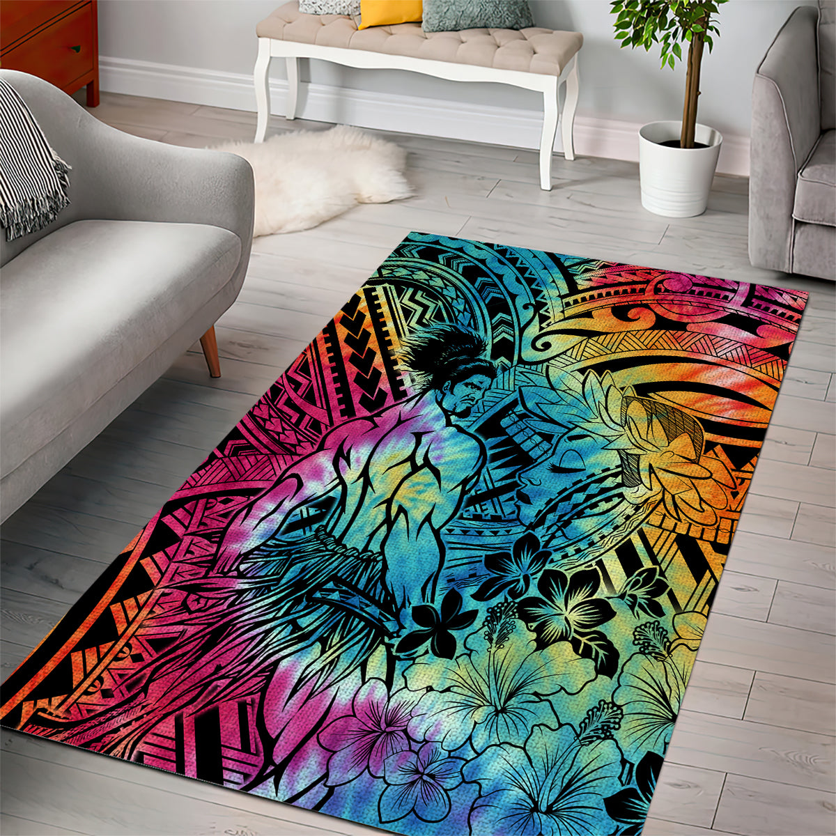 Beauty and The Warrior Polynesian Valentine Area Rug Hibiscus FLowers Rainbow Style LT9 - Polynesian Pride
