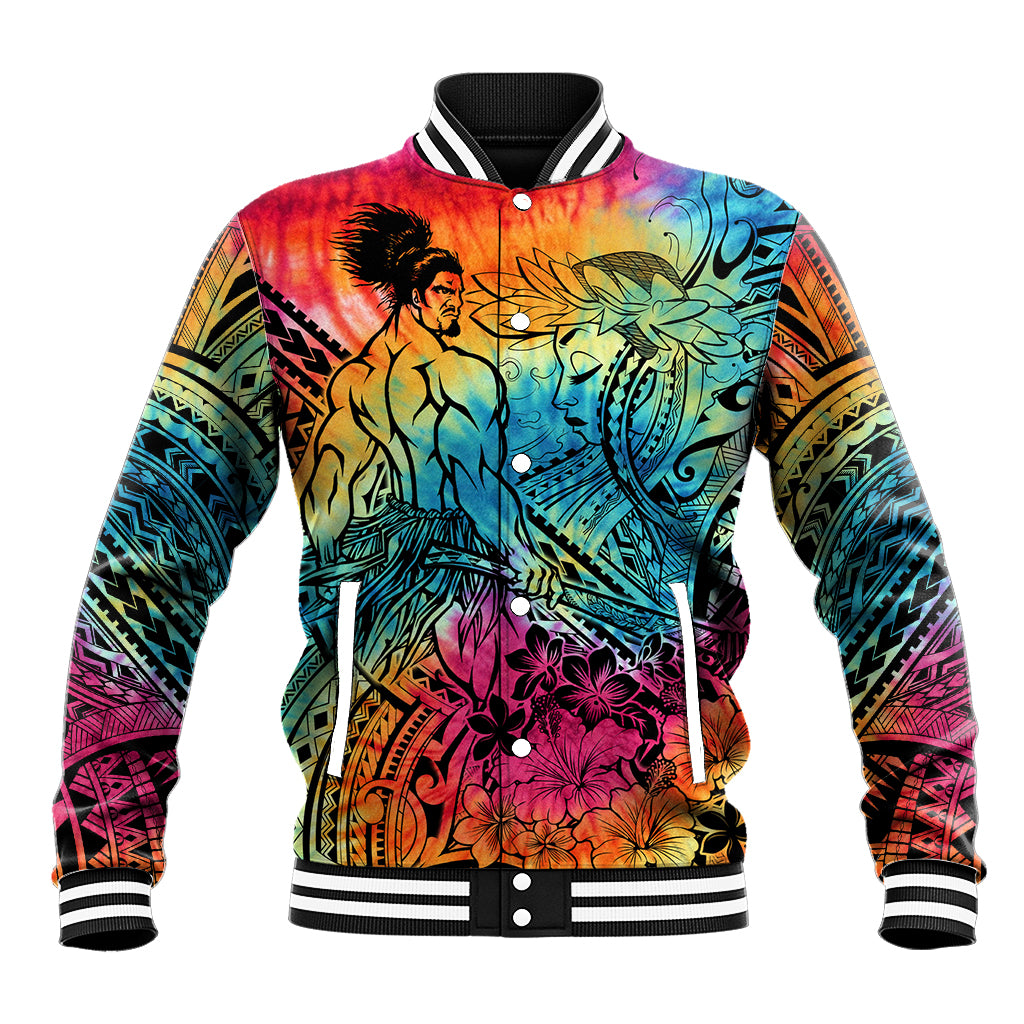 Beauty and The Warrior Polynesian Valentine Baseball Jacket Hibiscus FLowers Rainbow Style LT9 Unisex Rainbow - Polynesian Pride