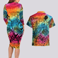 Beauty and The Warrior Polynesian Valentine Couples Matching Long Sleeve Bodycon Dress and Hawaiian Shirt Hibiscus FLowers Rainbow Style LT9 - Polynesian Pride