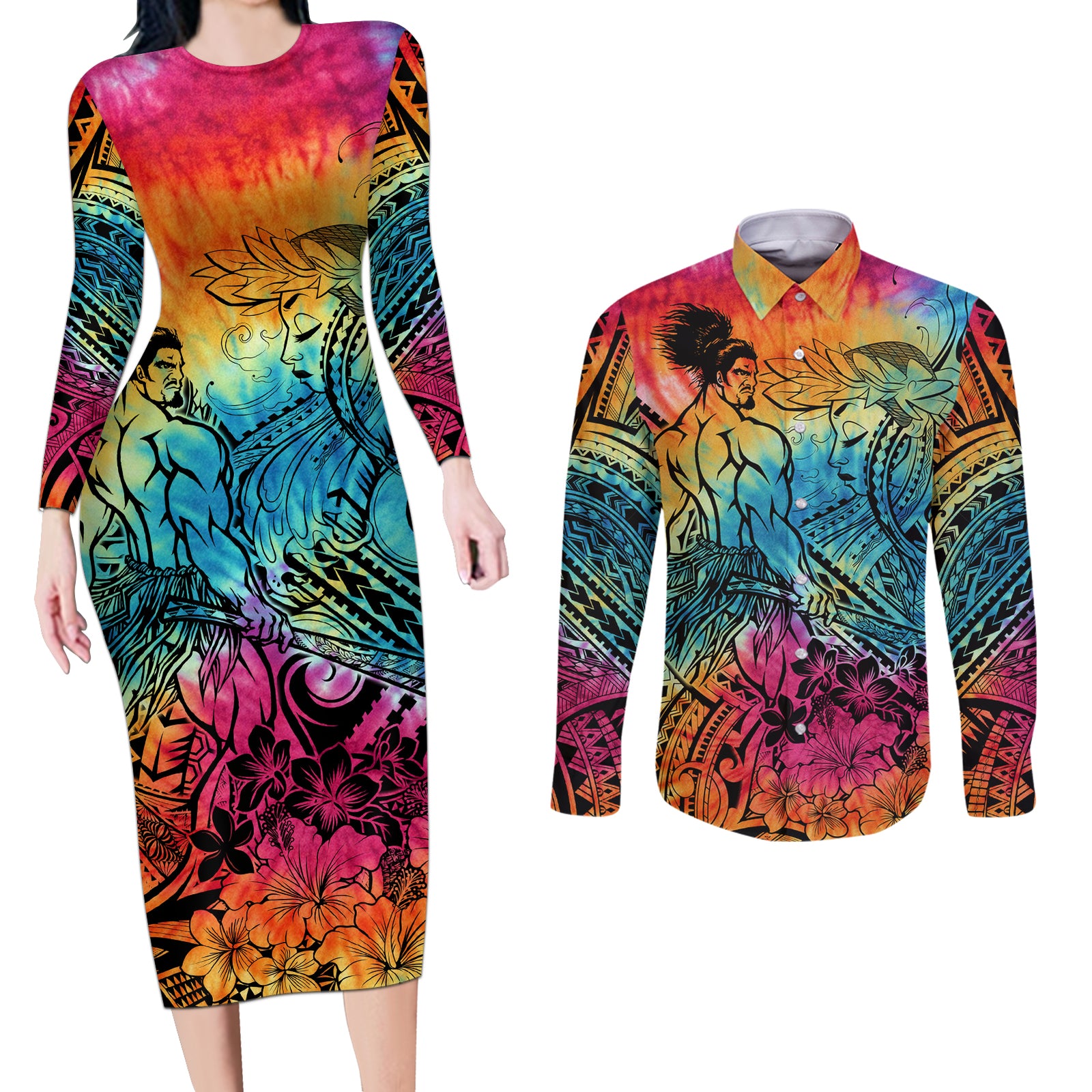 Beauty and The Warrior Polynesian Valentine Couples Matching Long Sleeve Bodycon Dress and Long Sleeve Button Shirt Hibiscus FLowers Rainbow Style LT9 Rainbow - Polynesian Pride