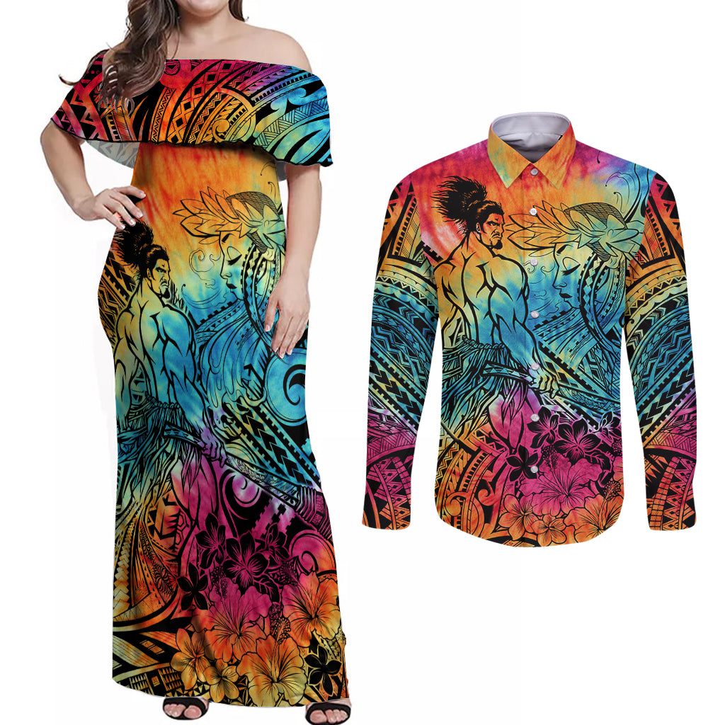 Beauty and The Warrior Polynesian Valentine Couples Matching Off Shoulder Maxi Dress and Long Sleeve Button Shirt Hibiscus FLowers Rainbow Style LT9 Rainbow - Polynesian Pride
