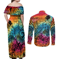 Beauty and The Warrior Polynesian Valentine Couples Matching Off Shoulder Maxi Dress and Long Sleeve Button Shirt Hibiscus FLowers Rainbow Style LT9 - Polynesian Pride