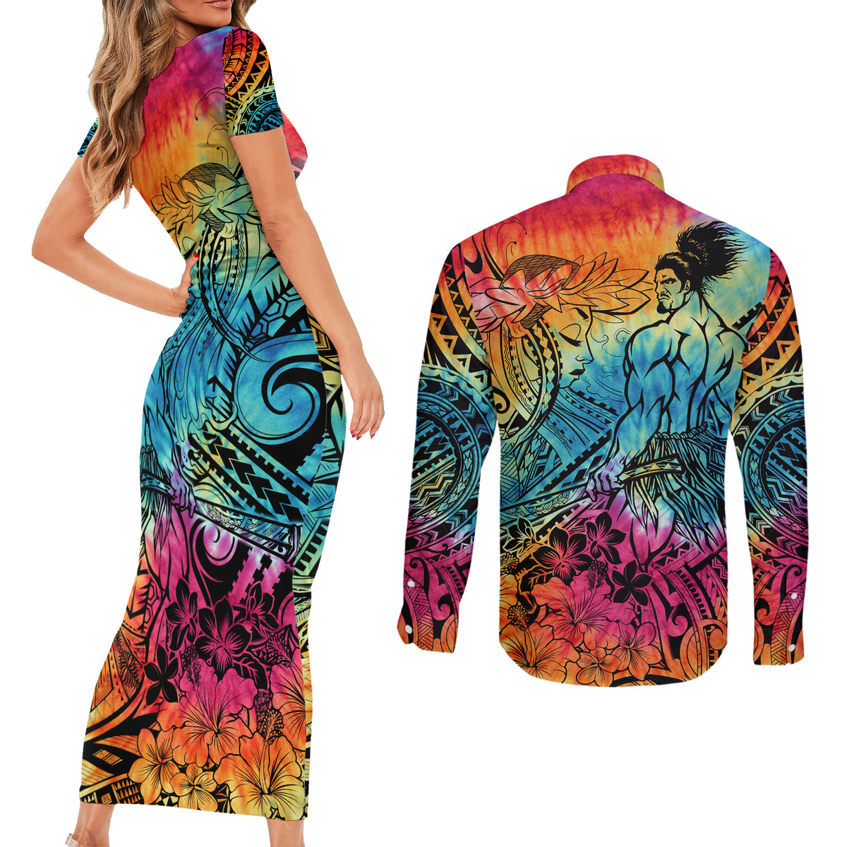 Beauty and The Warrior Polynesian Valentine Couples Matching Short Sleeve Bodycon Dress and Long Sleeve Button Shirt Hibiscus FLowers Rainbow Style LT9 - Polynesian Pride