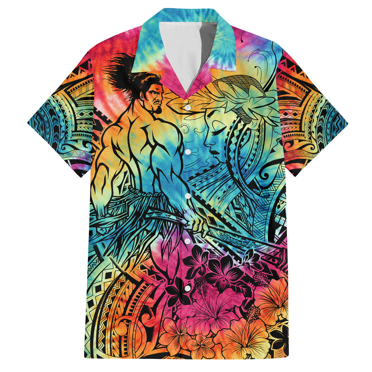 Beauty and The Warrior Polynesian Valentine Family Matching Off Shoulder Long Sleeve Dress and Hawaiian Shirt Hibiscus FLowers Rainbow Style LT9 Dad's Shirt - Short Sleeve Rainbow - Polynesian Pride