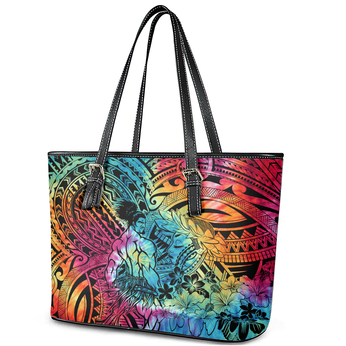 Beauty and The Warrior Polynesian Valentine Leather Tote Bag Hibiscus FLowers Rainbow Style LT9 - Polynesian Pride