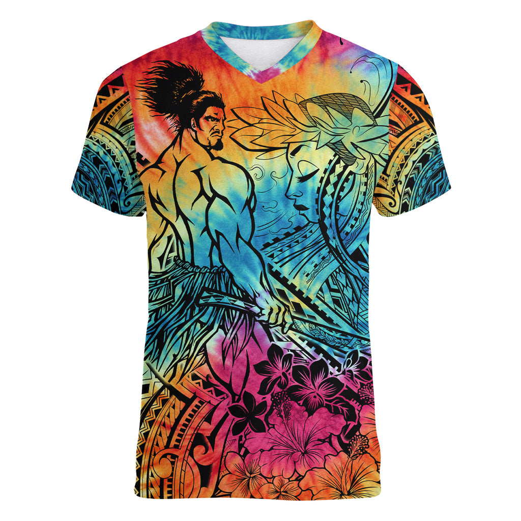 Beauty and The Warrior Polynesian Valentine Women V Neck T Shirt Hibiscus FLowers Rainbow Style LT9 Female Rainbow - Polynesian Pride