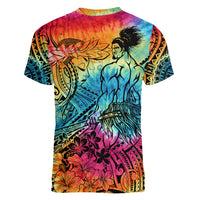 Beauty and The Warrior Polynesian Valentine Women V Neck T Shirt Hibiscus FLowers Rainbow Style LT9 - Polynesian Pride