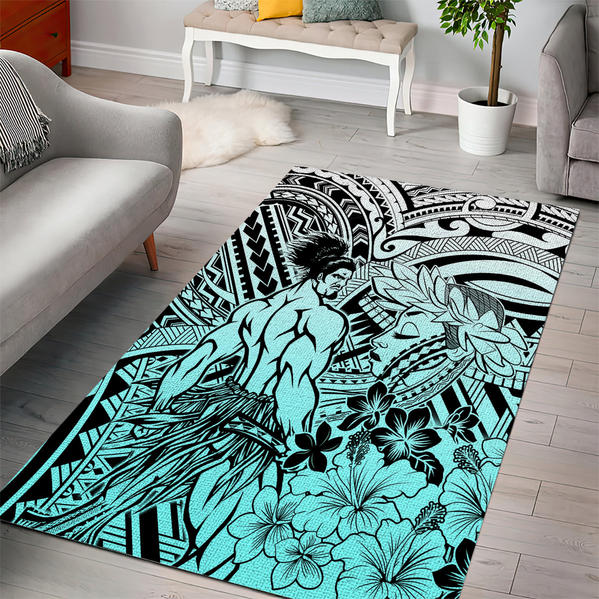 Beauty and The Warrior Polynesian Valentine Area Rug Hibiscus FLowers Turquoise Style LT9 - Polynesian Pride