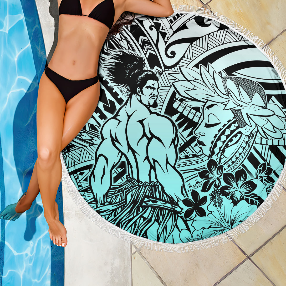 Beauty and The Warrior Polynesian Valentine Beach Blanket Hibiscus FLowers Turquoise Style LT9 - Polynesian Pride