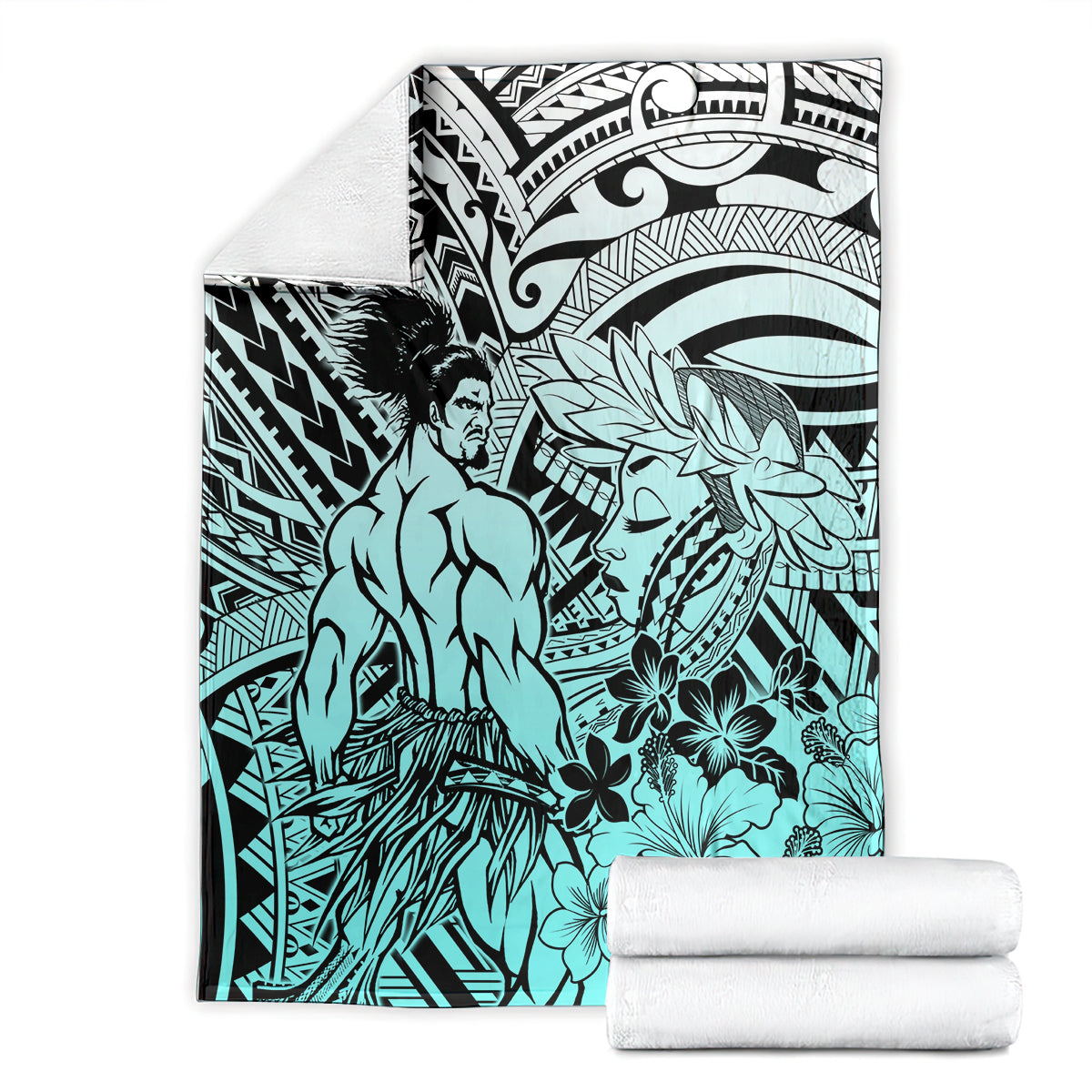 Beauty and The Warrior Polynesian Valentine Blanket Hibiscus FLowers Turquoise Style LT9 - Polynesian Pride