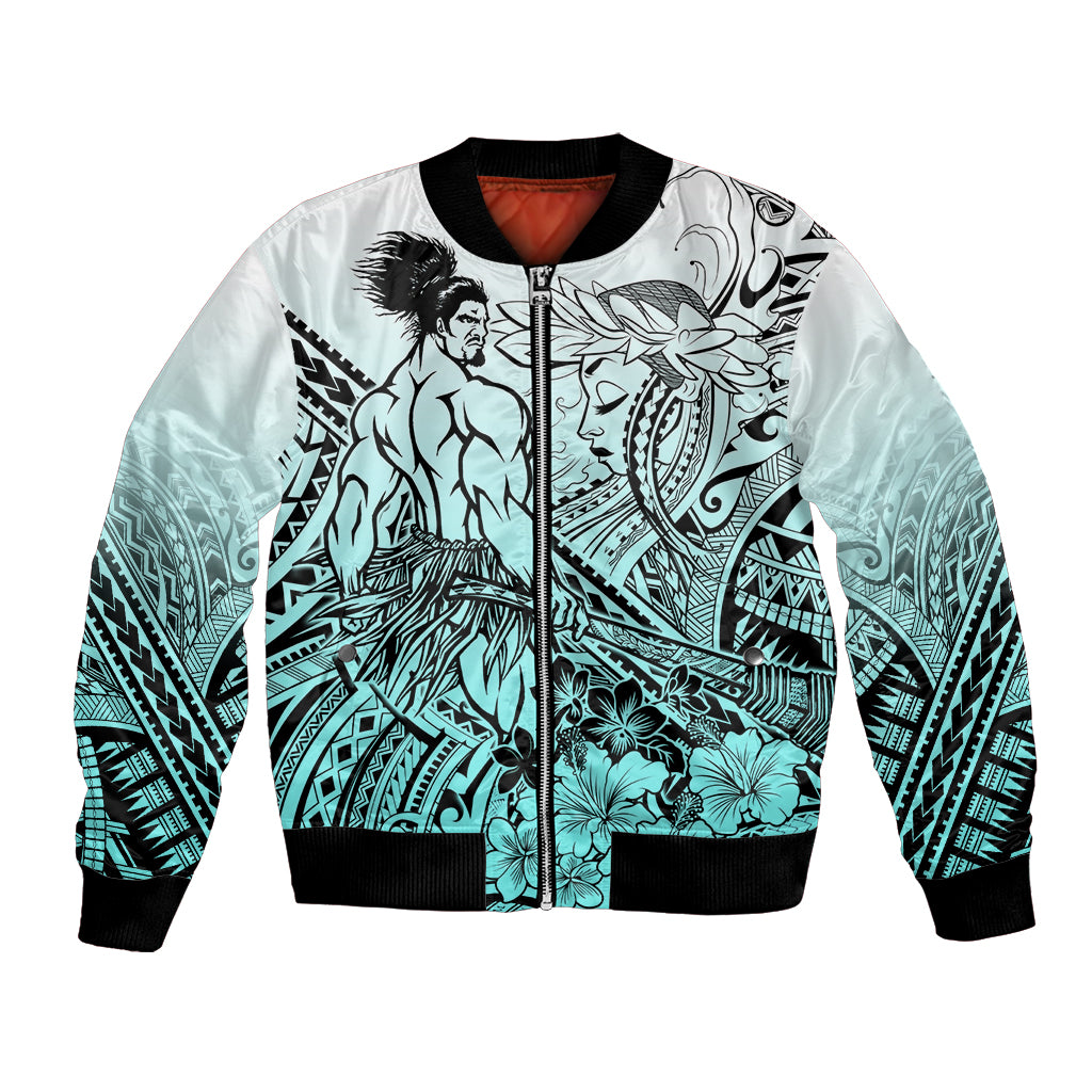 Beauty and The Warrior Polynesian Valentine Bomber Jacket Hibiscus FLowers Turquoise Style LT9 Unisex Turquoise - Polynesian Pride