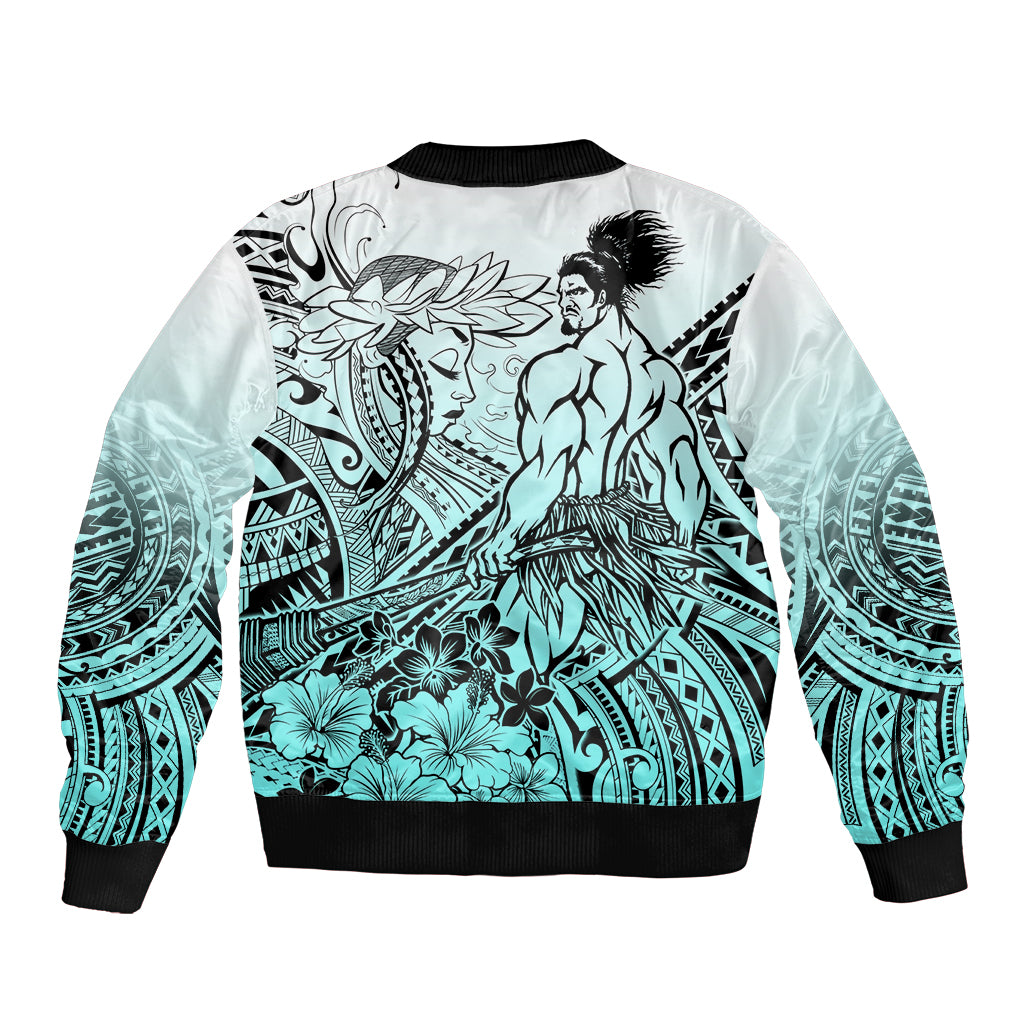 Beauty and The Warrior Polynesian Valentine Bomber Jacket Hibiscus FLowers Turquoise Style LT9 - Polynesian Pride