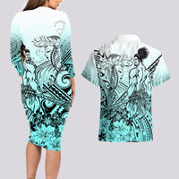 Beauty and The Warrior Polynesian Valentine Couples Matching Long Sleeve Bodycon Dress and Hawaiian Shirt Hibiscus FLowers Turquoise Style LT9 - Polynesian Pride