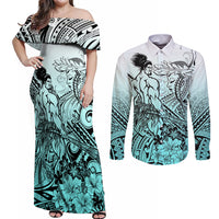 Beauty and The Warrior Polynesian Valentine Couples Matching Off Shoulder Maxi Dress and Long Sleeve Button Shirt Hibiscus FLowers Turquoise Style LT9 Turquoise - Polynesian Pride