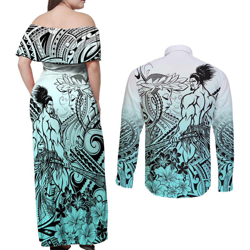 Beauty and The Warrior Polynesian Valentine Couples Matching Off Shoulder Maxi Dress and Long Sleeve Button Shirt Hibiscus FLowers Turquoise Style LT9 - Polynesian Pride