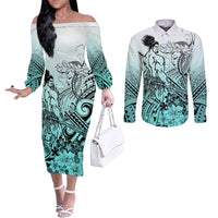Beauty and The Warrior Polynesian Valentine Couples Matching Off The Shoulder Long Sleeve Dress and Long Sleeve Button Shirt Hibiscus FLowers Turquoise Style LT9 Turquoise - Polynesian Pride